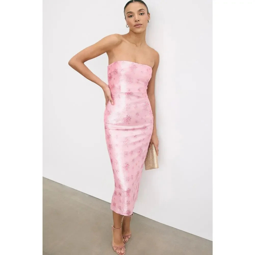 LoveShackFancy Stasia Pink Floral Sequin Strapless Midi Dress Size 4 - Picture 1 of 9